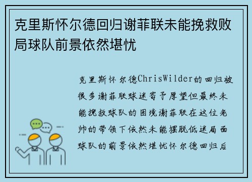 克里斯怀尔德回归谢菲联未能挽救败局球队前景依然堪忧